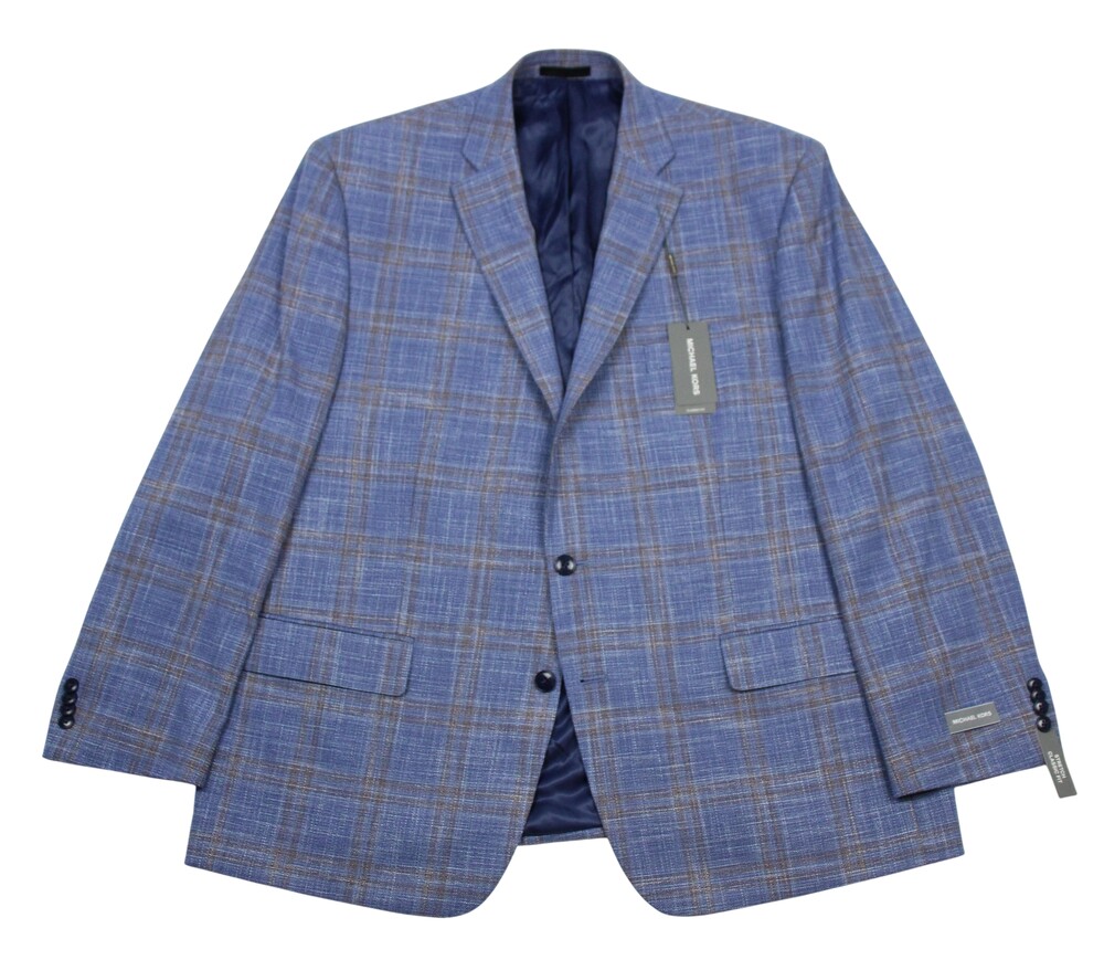 Michael Kors Sport Coat Mens 48 R Blue Rust Plaid Classic Fit Stretch Blazer
